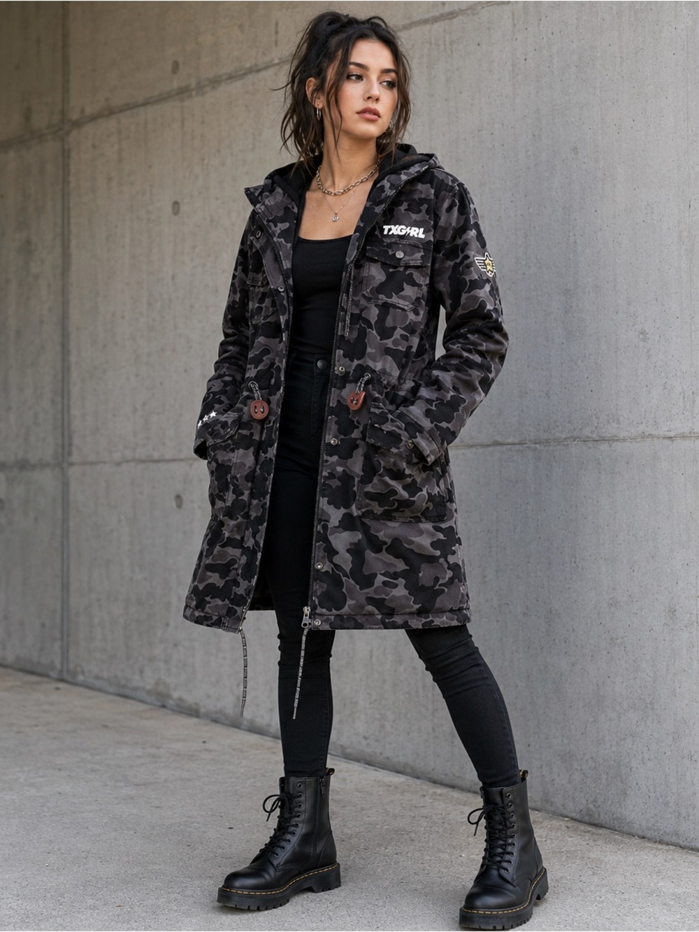 Rare Teebox TXGIRL Black Camo Utility Parka Jacket Size M